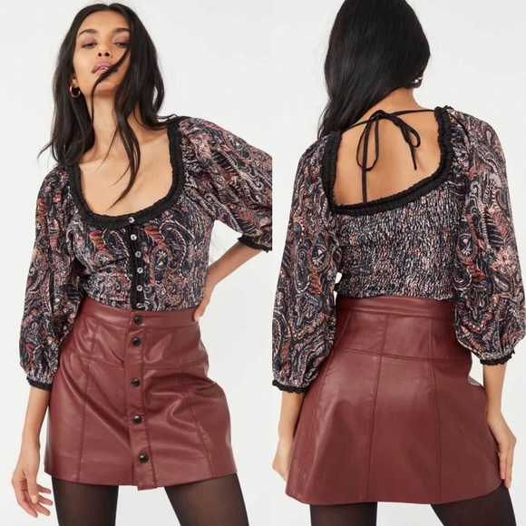 Free People Dare Me Velvet Paisley Smocked Blouse - Picture 7 of 7